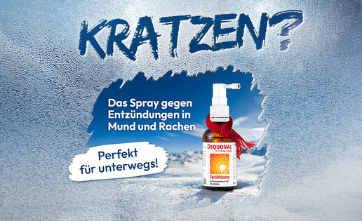 Bild für Dequonal®-Spray gegen Entzündungen im Mund und Rachen mit winterlicher Szenerie und Text „Perfekt für unterwegs!“