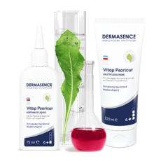  DERMASENCE Produkte bei Psoriasis und Wirkstoff-Reagenzglas