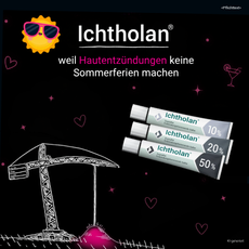 Werbeanzeige für Ichtholan mit drei Tuben 10 %, 20 % und 50 % vor schwarzem Hintergrund mit Sommermotiven. Slogan: „Weil Hautentzündungen keine Sommerferien machen.“
