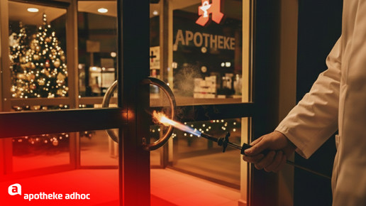 Fotomontage eines Apothekers, der eine Türklinke mit einem Bunsenbrenner erhitzt