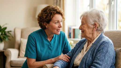 Eine Ärztin oder eine Pflegerin zum Hausbesuch bei einer Seniorin