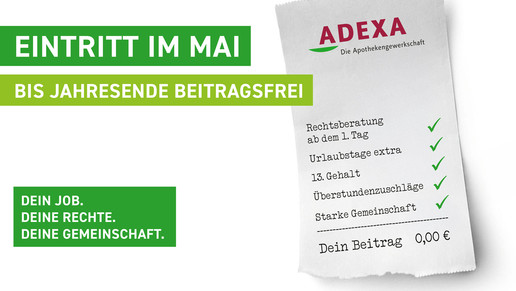 Werbegrafik der Apothekengewerkschaft ADEXA: Eintritt im Mai, bis Jahresende beitragsfrei.