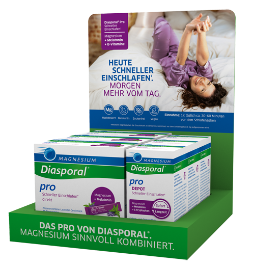 Abgebildet wird das Display von Magnesium Diasporal® Pro Schneller Einschlafen*