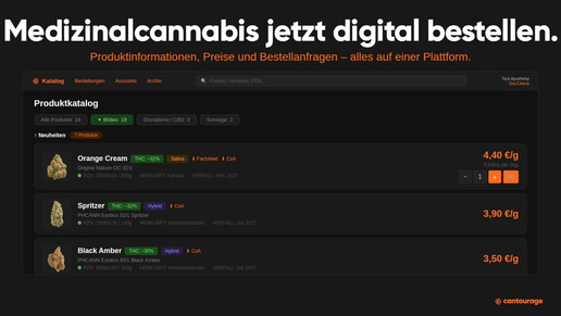 Vorschau des neuen Cantourage Produktkatalogs mit Filterfunktion und digitaler Produktübersicht für Apotheken.