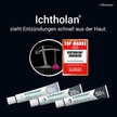 Anzeige: „zieht Entzündungen schnell aus der Haut“, mit Illustration eines Krans der an einem Pickel zieht, Top-Marke-2025-Siegel und drei Tuben (10 %, 20 %, 50 %).