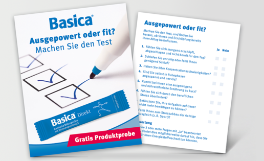 Probenkarte mit Fragen: Basica® - Neue Probenkarte mit Test "Ausgepowert oder fit?"