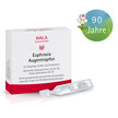 Packung WALA Euphrasia Augentropfen für Säuglinge, Kinder und Erwachsene. Sichtbar sind Verpackung, Einzeldosisbehälter und Logo „90 Jahre“ mit Augentrost-Blüte. Anthroposophisches Arzneimittel bei geröteten, gereizten Augen bei Bindehautentzündung.