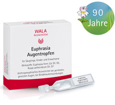 Packung WALA Euphrasia Augentropfen für Säuglinge, Kinder und Erwachsene. Sichtbar sind Verpackung, Einzeldosisbehälter und Logo „90 Jahre“ mit Augentrost-Blüte. Anthroposophisches Arzneimittel bei geröteten, gereizten Augen bei Bindehautentzündung.