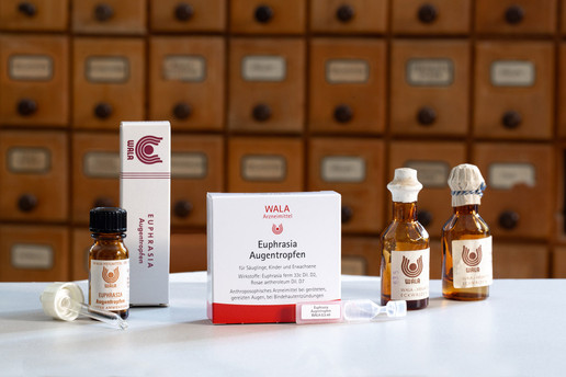 Packung, Fläschchen und Einzeldosen der WALA Euphrasia Augentropfen auf einem Tisch, im Hintergrund apothekenartige Holzschubladen. Die Produkte stehen in einer Linie, zwei historische Flaschen ergänzen das Arrangement.