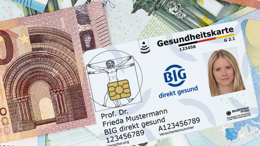 eGK der Kasse BIG direkt gesund, Geldscheine im Hintergrund