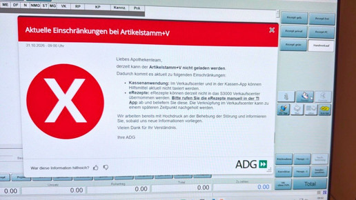 Pop-up-Meldung zur Störung in der ADG-Apothekensoftware. Keine E-Rezepte können bearbeitet werden