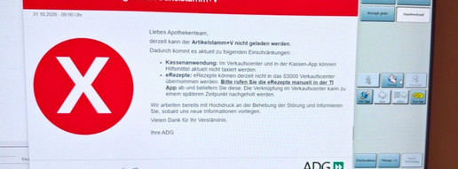 Pop-up-Meldung zur Störung in der ADG-Apothekensoftware. Keine E-Rezepte können bearbeitet werden