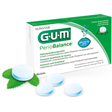 Das Anzeigebild bildet die Produktverpackung der GUM Perio Balance mit 4 Tabletten ab.