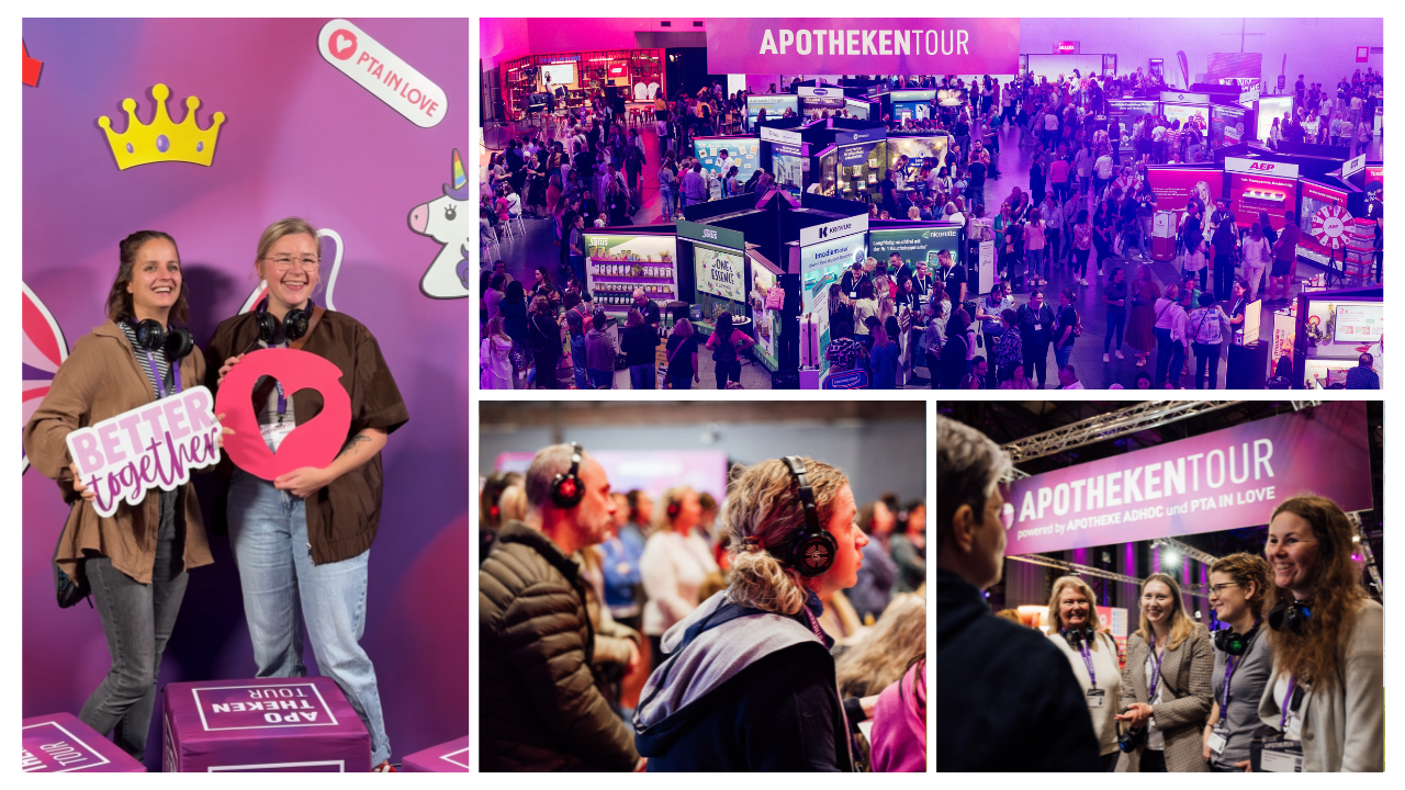 Collage zur APOTHEKENTOUR: Links zwei Personen vor der "PTA in Love"-Wand, oben rechts eine volle Halle, unten in der Mitte Zuhörer:innen bei einem Vortrag in einer Lounge und unten rechts eine Gruppe im Gespräch.