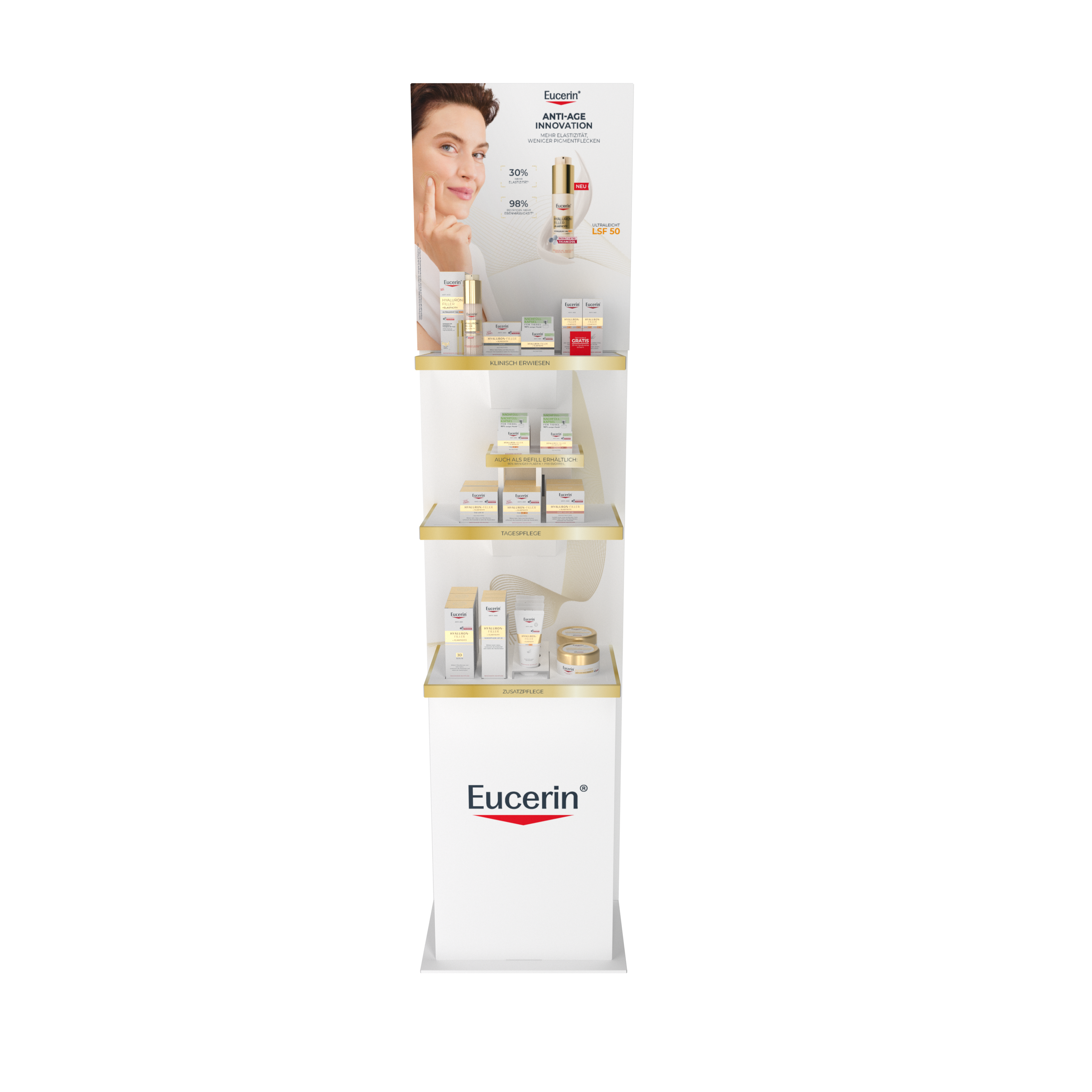 Hoher Eucerin Warenaufsteller mit verschiedenen Hautpflegeprodukten auf drei Ebenen.