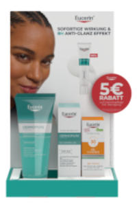 Eucerin DermoPure Tischdisplay mit Hautpflegeprodukten und Rabatt-Sticker.