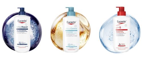 Drei Eucerin-Produkte mit Pumpspender: links „UreaRepair 10% Urea“, mittig „AtopiControl“ und rechts „pH5 Leichte Lotion“. Jedes Produkt steht vor einem farblich passenden, kreisförmigen Hintergrundelement in Blau, Gold und Hellblau.