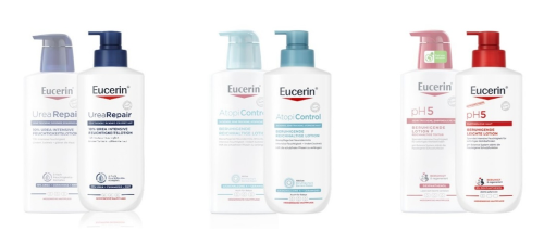Paarweise Gegenüberstellung von Eucerin-Lotionen: links UreaRepair (alt vs. neu), mittig AtopiControl Beruhigende Reichhaltige Lotion (alt vs. neu) und rechts pH5 Beruhigende Lotion (alt) im Vergleich zur neuen Leichten Lotion.