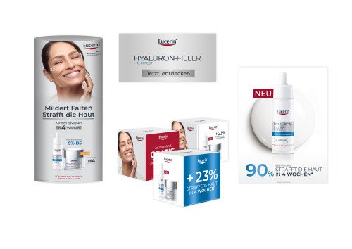 Mehrere Display-Motive zeigen Produktvorteile wie „+23 % straffere Haut“, „Mildert Falten“ und die neue Pipettenverpackung mit Fokus auf Hyaluronsäure und Provitamin B5.