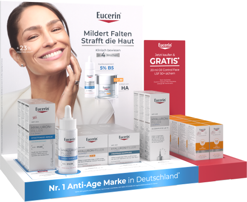 Das Display zeigt verschiedene Pflegeprodukte mit Hinweis auf Faltenmilderung und Gratis-Sonnenpflege. Die Werbeaussage „Nr. 1 Anti-Age Marke in Deutschland“ steht im Vordergrund