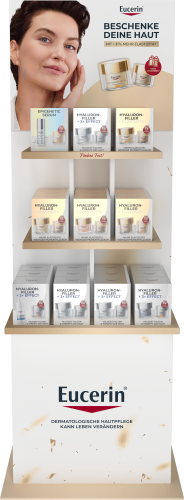 Eucerin-Produktregal (Display) mit Weihnachtswerbung und diversen Geschenk-Sets der Pflegeserien.