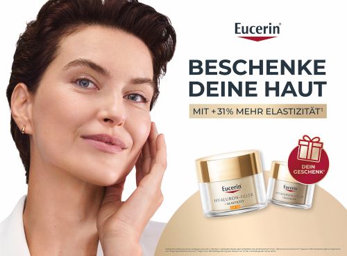 Werbeanzeige für Eucerin: Eine Frau mit kurzen Haaren berührt ihr Gesicht. Produktbilder und Text "BESCHENKE DEINE HAUT".