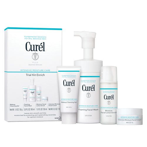 Produktabbildung des Curél Reise- und Probiersets mit Verpackung und vier Produkten in Reisegrößen